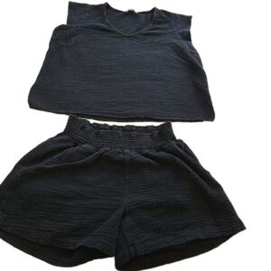 Three Dots Black Gauze Cotton Set Short Sleeve Top & Shorts MISMATCHED SIZES M/L